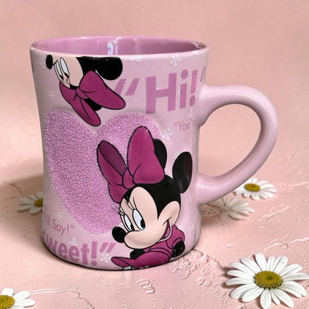 Disney Parks Minnie Mouse 3D Pink Glitter Heart & Quotes Coffee Cup Mug 16oz